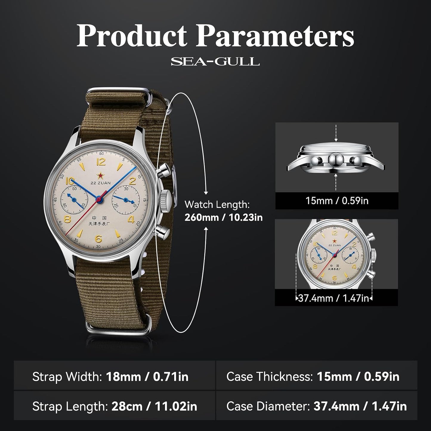 HOTSEA-GULL Men's Mechanical Wristwatch, Seagull 1963 Aviation Chronograph Pilot Mechanical Watch, Manual Winding, GD 1963 International Edition, ST1901