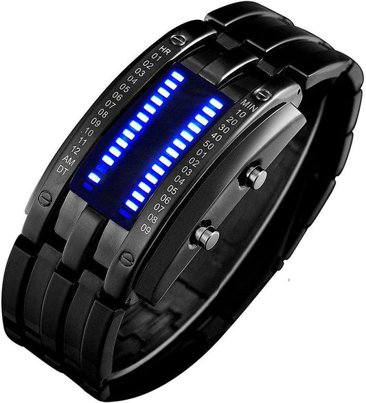 HOTFANMIS Creative Mens Binary Matrix Blue LED Digital Watch Fashion Classic Black Plated Waterproof LED Backlight Bracelet Watches