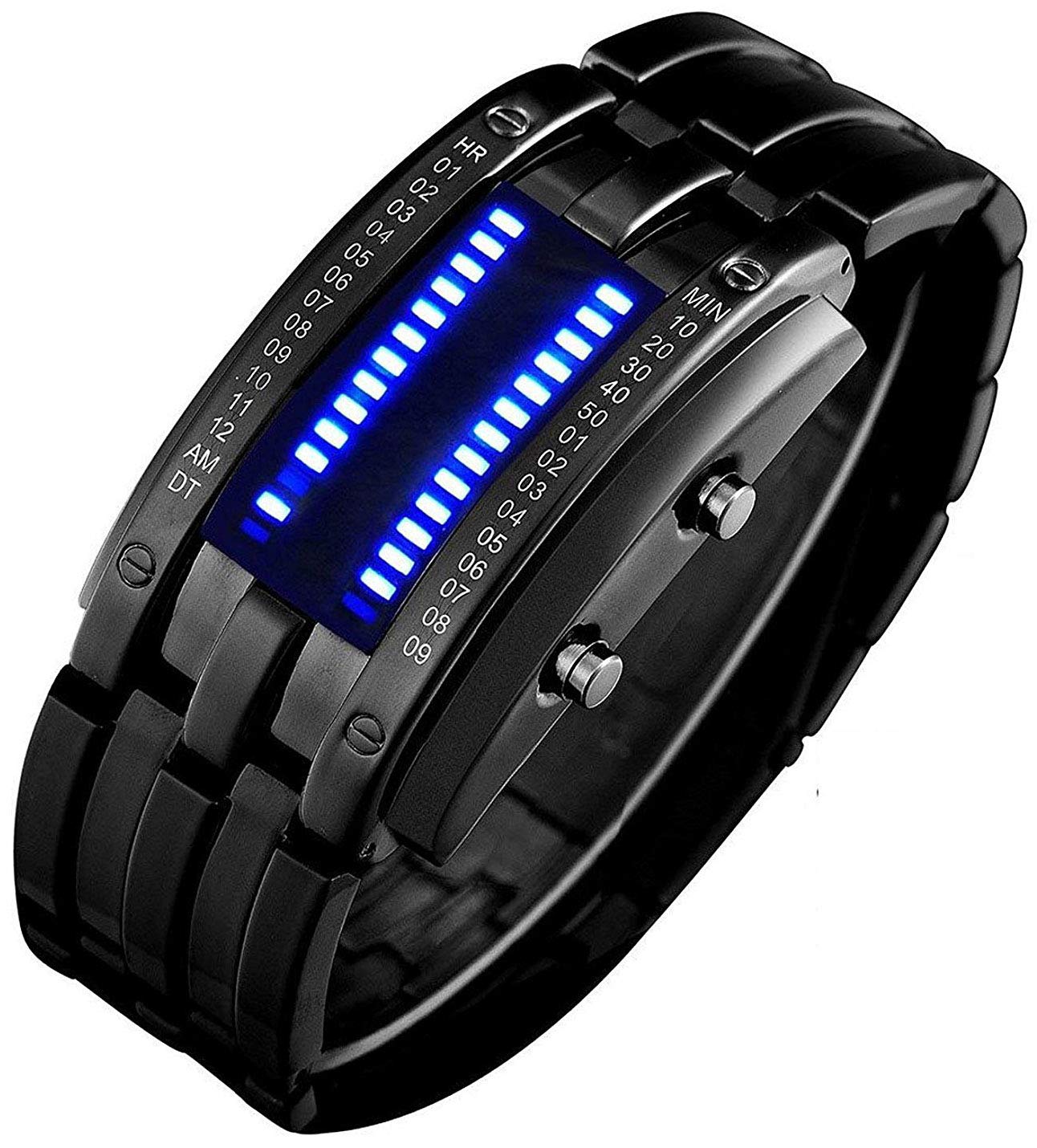 HOTFANMIS Creative Mens Binary Matrix Blue LED Digital Watch Fashion Classic Black Plated Waterproof LED Backlight Bracelet Watches