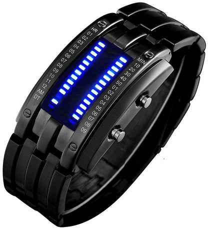 HOTFANMIS Creative Mens Binary Matrix Blue LED Digital Watch Fashion Classic Black Plated Waterproof LED Backlight Bracelet Watches