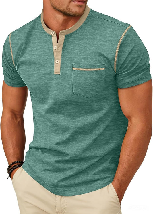 HOTMen's Henley Shirt Casual Button Short Sleeve T-Shirt Summer Patchwork Color Block Tee Shirts