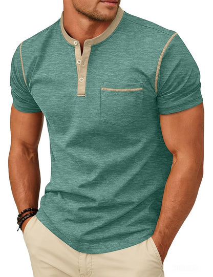 HOTMen's Henley Shirt Casual Button Short Sleeve T-Shirt Summer Patchwork Color Block Tee Shirts