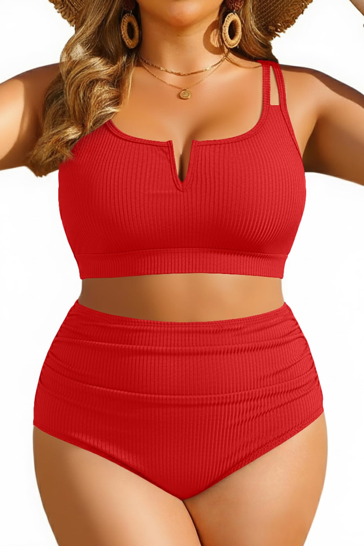 HOTWomen Plus Size High Waisted Bikini Ribbed Two Piece Tummy Control Swimsuit | V-Wired Bathing Suit, Adjustable Straps, Full Coverage, Full Lining