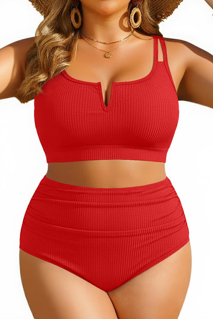 HOTWomen Plus Size High Waisted Bikini Ribbed Two Piece Tummy Control Swimsuit | V-Wired Bathing Suit, Adjustable Straps, Full Coverage, Full Lining