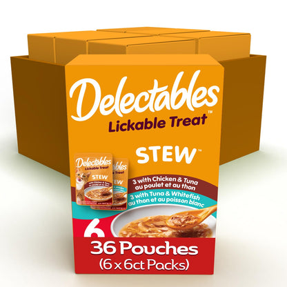 HOTDelectables Lickable Treat Stew Wet Cat Treat Variety Pack, Food Topper, Hydrating, Grain-Free, No Fillers, No By-Products, No Added Preservatives, 1.4oz Pouch, 12ct
