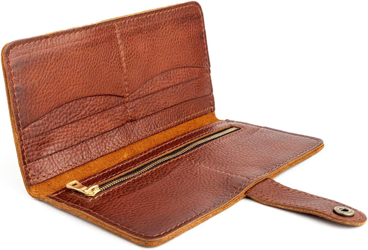 HOTPortland Leather Goods Women's Bifold Wallet – Slim Design with Secure Snap, 8 Card Slots & Interior Zipper Pocket – Nutmeg