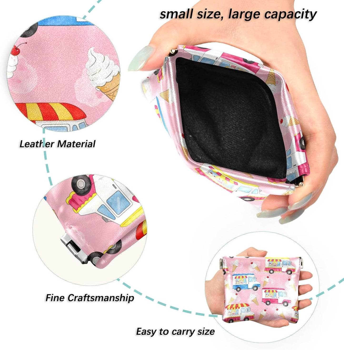 HOTPink Ice Cream Truck Summer Women's Leather Coin Purse Wallet Fancy Mini Change Wallet Coin Pocket for Men Women Travel monederos pequenos de mujer