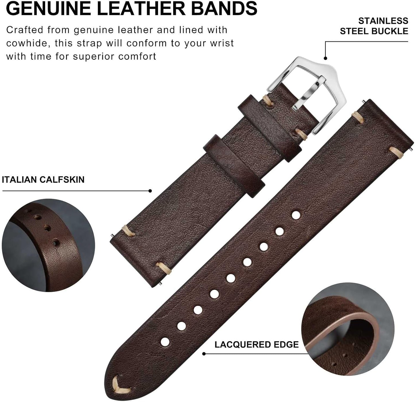 HOTBISONSTRAP Men's Watch Bands, Hand-Stitched Leather Watch Straps, Quick Release, 18mm 19mm 20mm 21mm 22mm