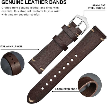 HOTBISONSTRAP Men's Watch Bands, Hand-Stitched Leather Watch Straps, Quick Release, 18mm 19mm 20mm 21mm 22mm