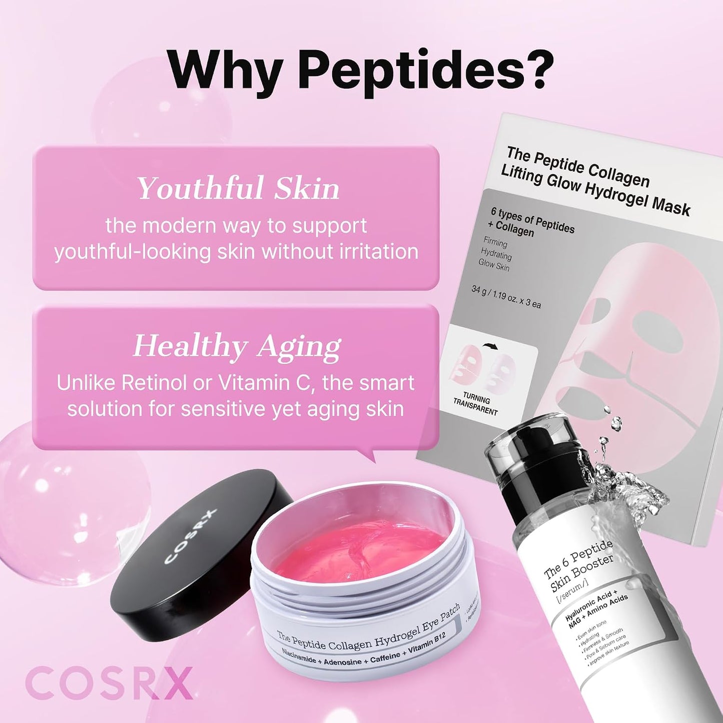 HOTCOSRX Pink Peptides Collagen Hydrogel Eye Patch for Puffy Eyes, Cooling & Firming Under Eye Patches with 4-Peptide & Caffeine (60), Depuffing Gel Eye Mask, Korean Skin Care