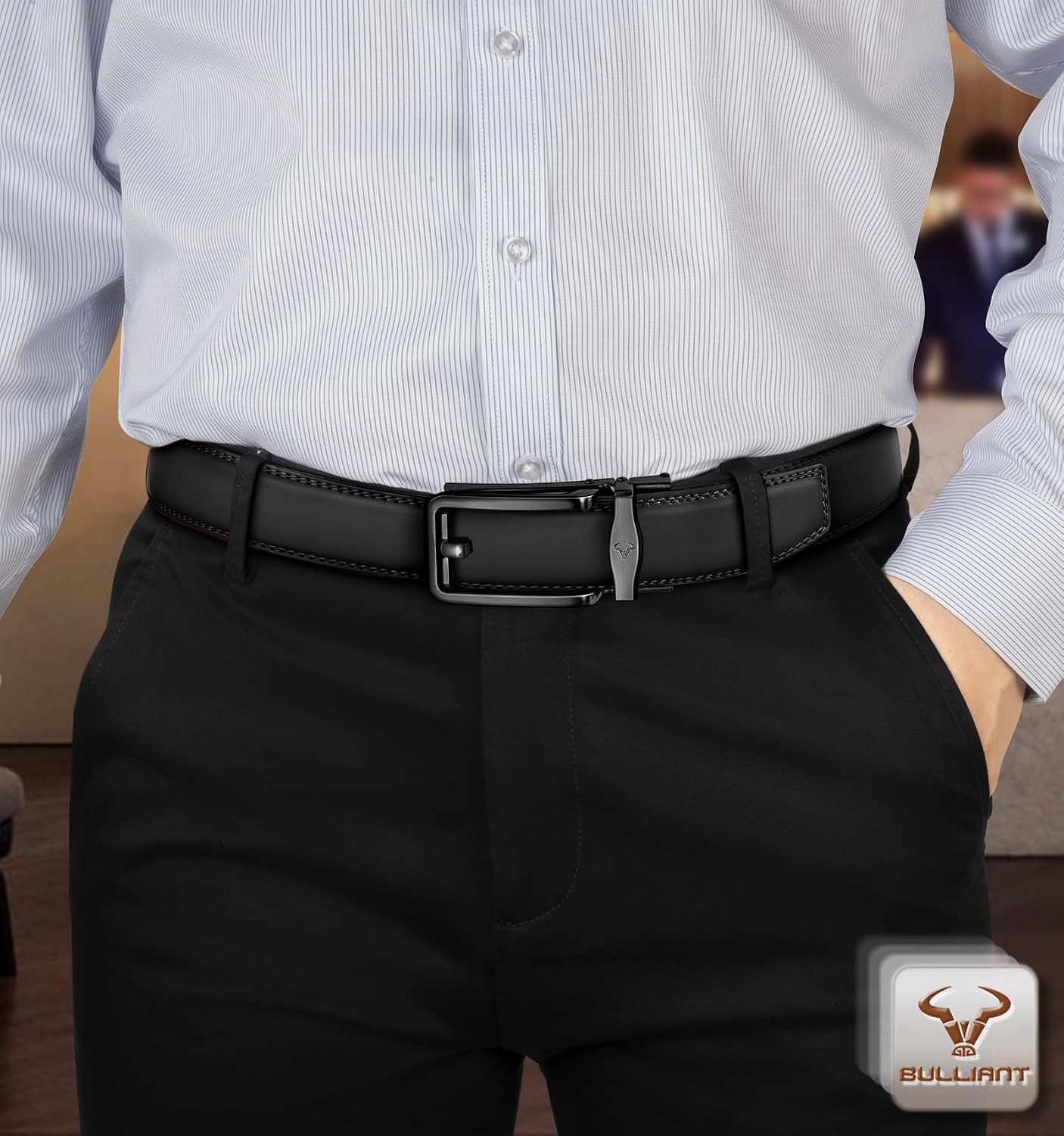 HOTBULLIANT Men Ratchet Belt 2 Pack, Click Sliding Leather Belt Adjustable for Gift Men Dress Casual Jeans 1 3/8,Cut for Fit