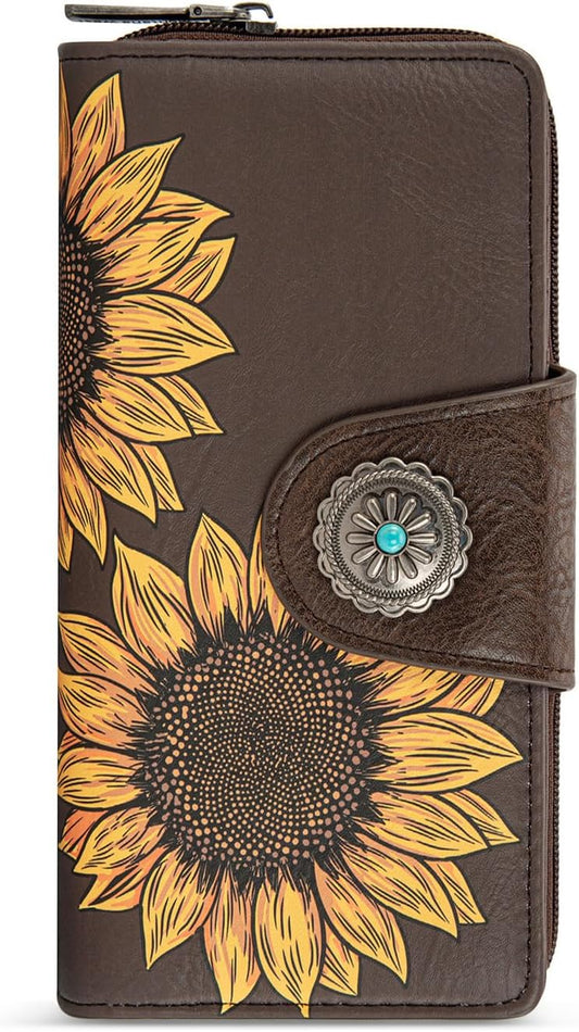 HOTMontana West Women's Wallets Western Sunflower Wallet Women Large Capacity Credit Card Wallet Ladies Female Bifold Clutch Wallets with ID Window and Coin Purse