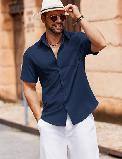 HOTCOOFANDY Men's Button Down Short Sleeve Shirt Casual Cotton Summer Beach Linen Wedding Shirts with Pocket