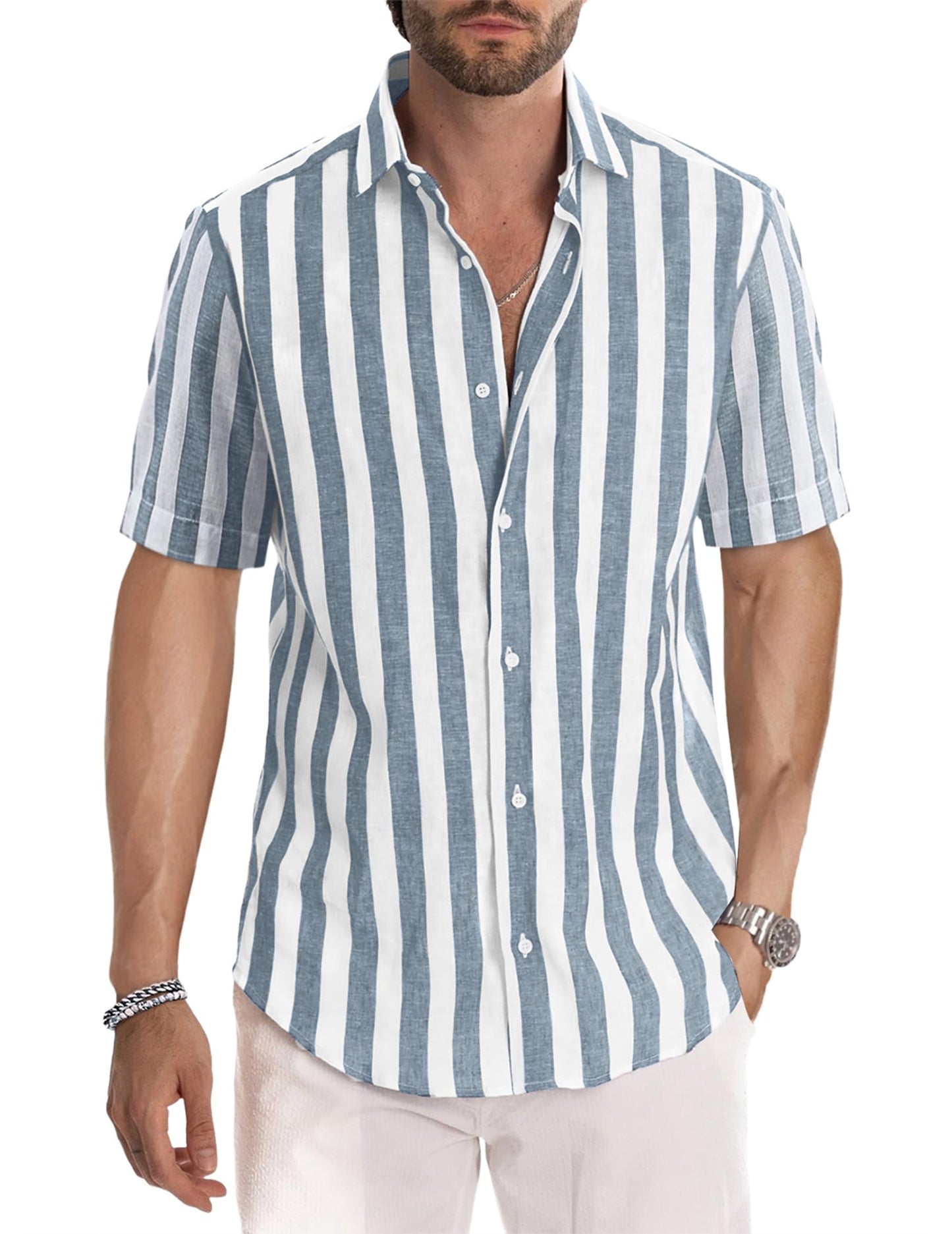 HOTJMIERR Men's Casual Stylish Short Sleeve Button-Up Striped Dress Shirt Cotton Beach Shirts