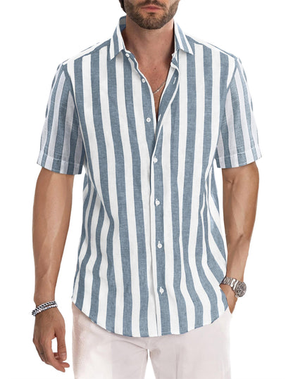 HOTJMIERR Men's Casual Stylish Short Sleeve Button-Up Striped Dress Shirt Cotton Beach Shirts