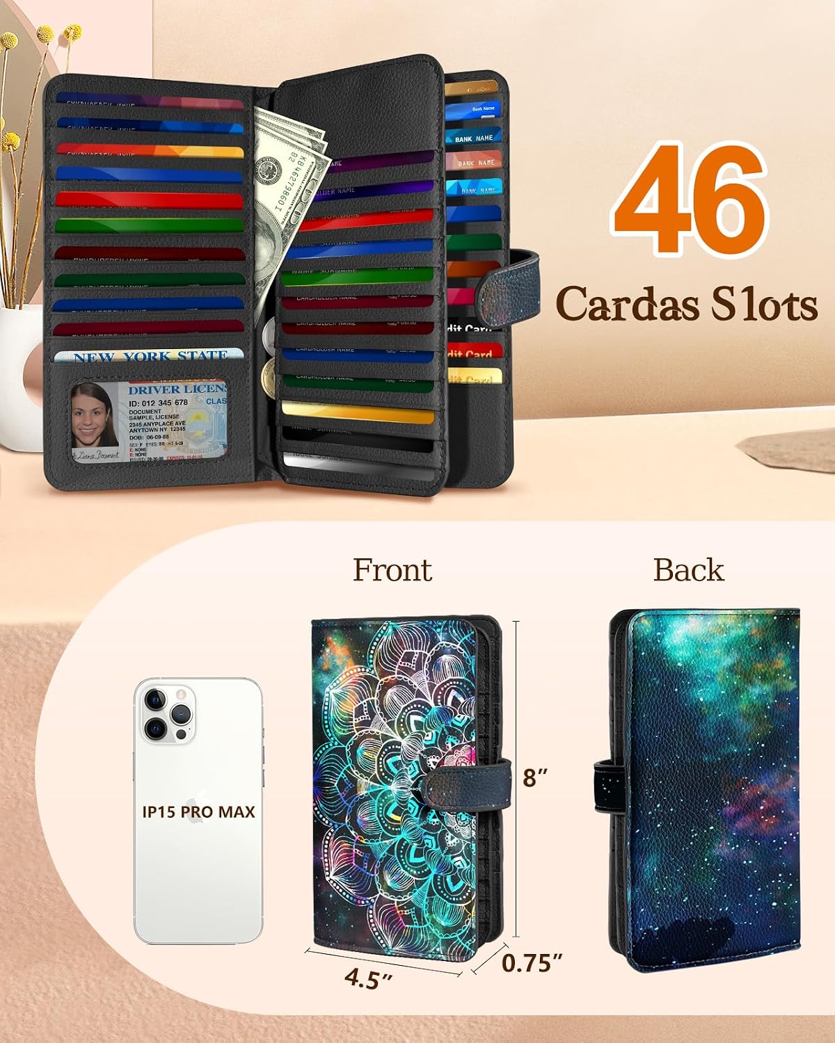 HOTBistup 46 Slots Credit Card Holder Wallet for Women, Hena | Large Capacity Organizer, Leather, RFID Blocking, ID Window, 7 Cash Slots, Snap Closure, Cute Prints, Daily Carry