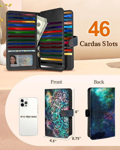 HOTBistup 46 Slots Credit Card Holder Wallet for Women, Hena | Large Capacity Organizer, Leather, RFID Blocking, ID Window, 7 Cash Slots, Snap Closure, Cute Prints, Daily Carry