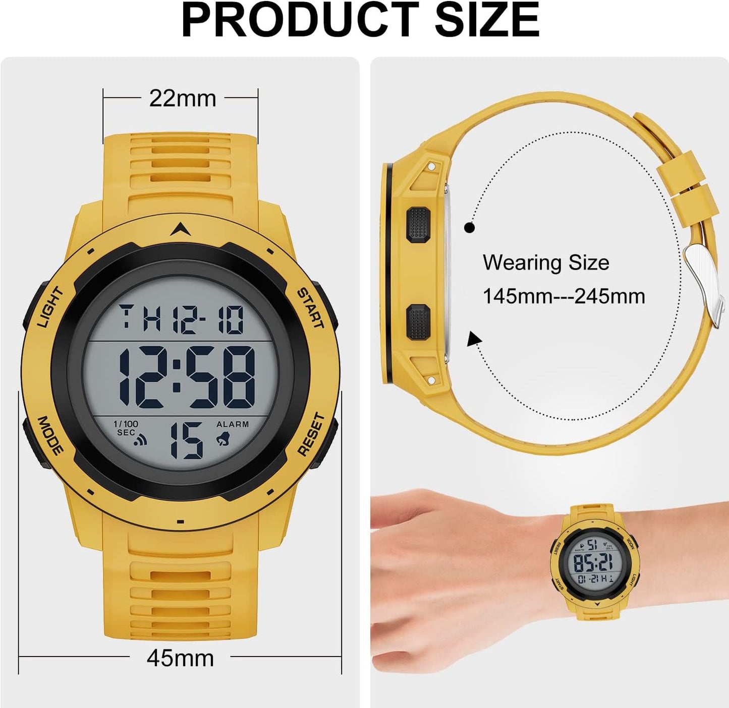 HOTGOLDEN HOUR Mens Waterproof Digital Sport Watches Wide Screen Easy Read Display Military Style with Rubber Strap
