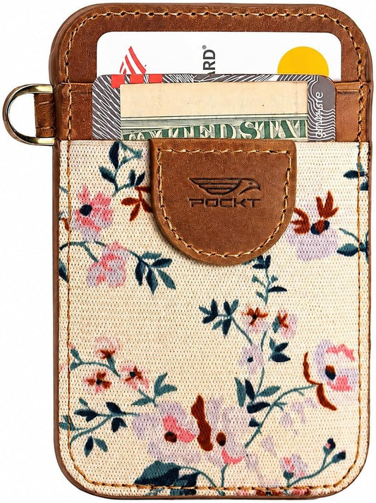 HOTPOCKT Elastic Card Holder Wallet for Women and Men, Genuine Leather Slim RFID Blocking Front Pocket Credit Card Holder, Cute Small Minimalist Wallet | Bloom