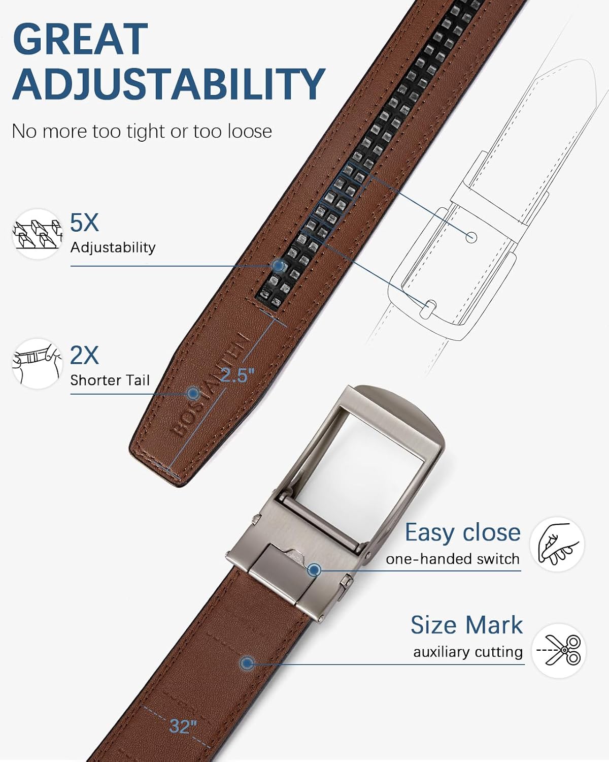 HOTBOSTANTEN Mens Belt Leather Ratchet 1 3/8'' Belt For Men Gift Dress and Casual with Adjustable Buckle, Trim to Fit