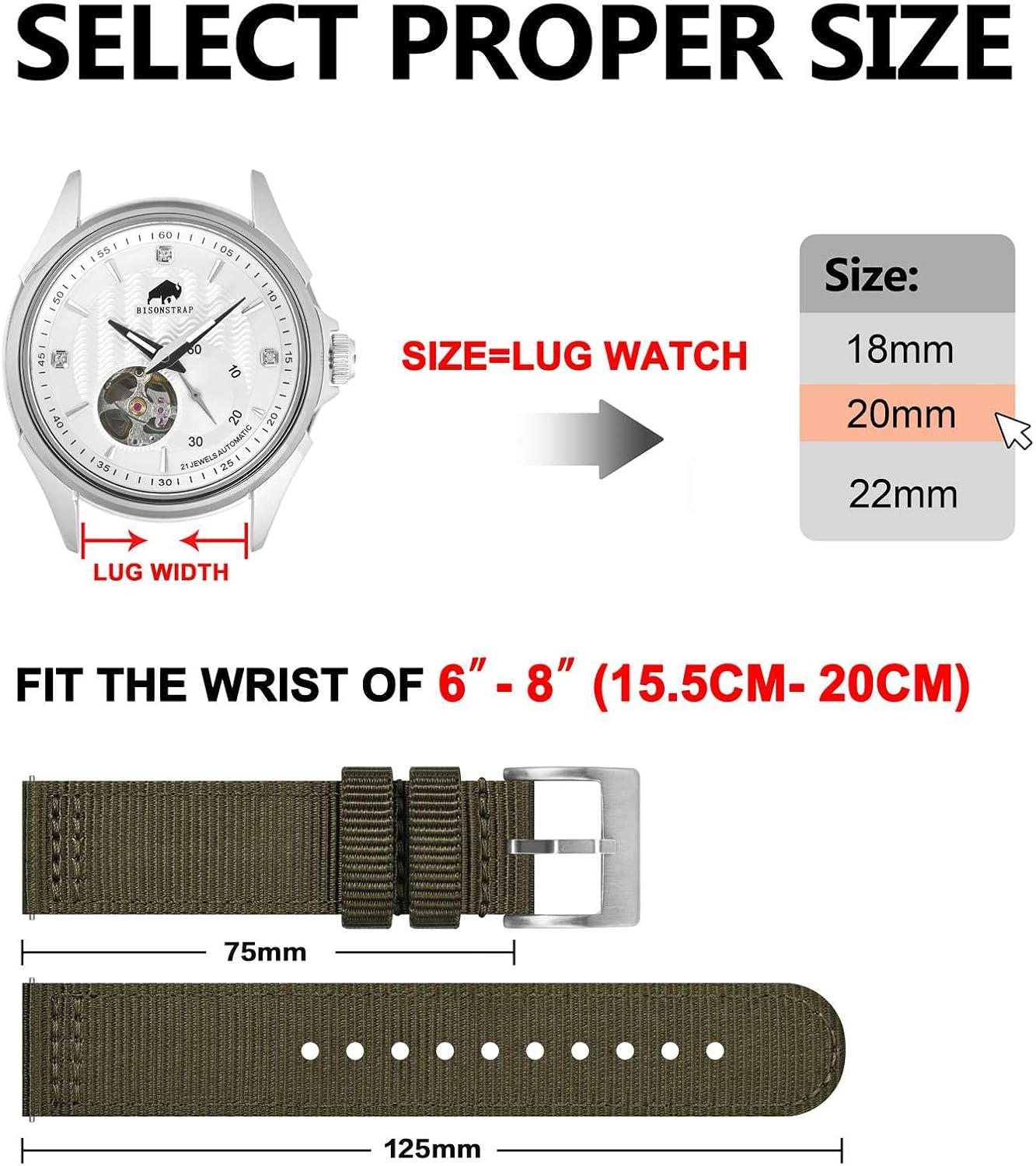 HOTBISONSTRAP Men’s Nylon Watch Bands, Two-Piece Military Watch Straps, Quick Release, Brushed Buckle, Band Width 18mm 19mm 20mm 22mm