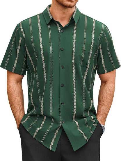 HOTHardaddy Men's Casual Striped Shirts Button Down Short Sleeve Blouse Summer Hawaiian Shirt