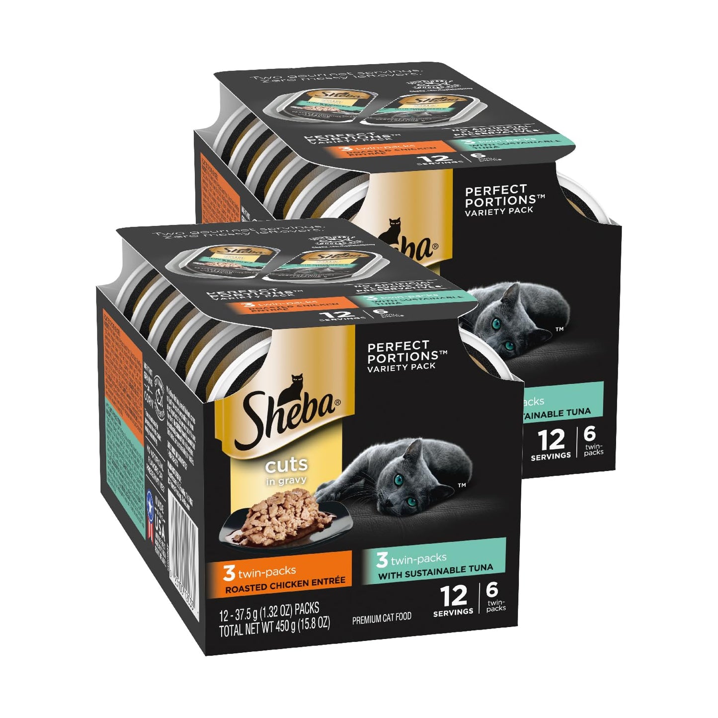 HOTSheba Perfect Portions Cuts Wet Cat Food, Chicken & Turkey, 2.6 oz, 12 ct | Grain-free, Roasted Chicken & Tender Turkey, adult cat food, protein-rich, no fillers or artificial flavors, twin-pack trays