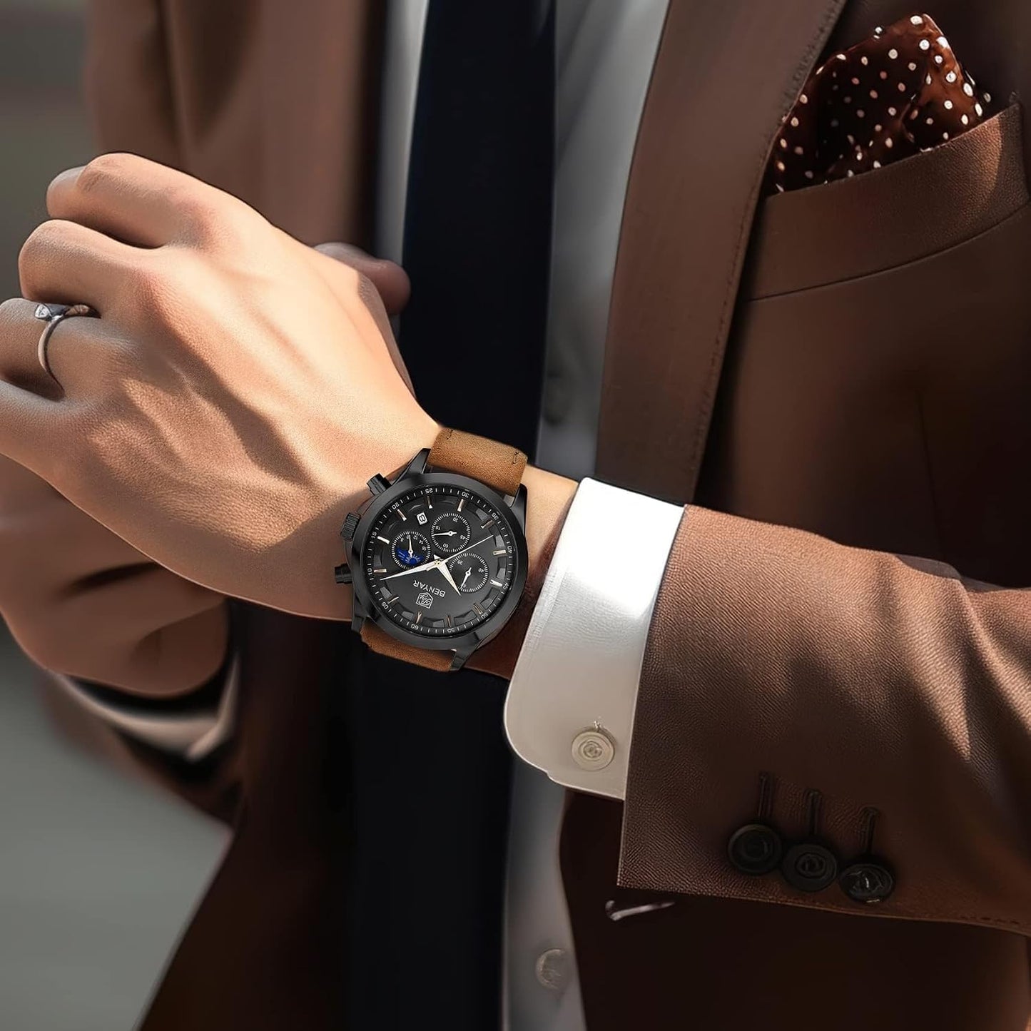 HOTBENYAR Mens Watches Analog Quartz Chronograph Waterproof Wrist Watches for Men Fashion Business Work Casual Sport Designer Dress Watch with Calendar Elegant Gifts for Men
