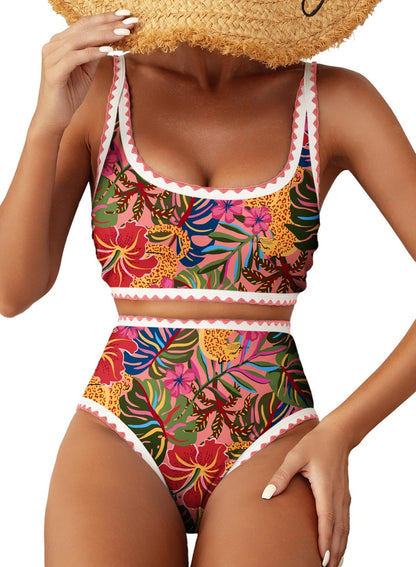 HOTHerseas Women's Bikini Sets Floral Print Whip Stitch 2 Piece Swimsuits High Waisted Scoop Bathing Suits