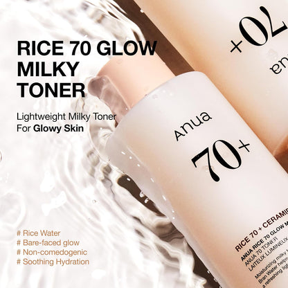 HOTAnua Rice 70 Glow Milky Toner, Glass & Dewy Skin, Hydrating & Barrier Care, Rice Water, Niacinamide, Ceramides, All Skin Types, Fragrance-Free, Non Comedogenic, Korean Skincare, 8.45 fl.oz.