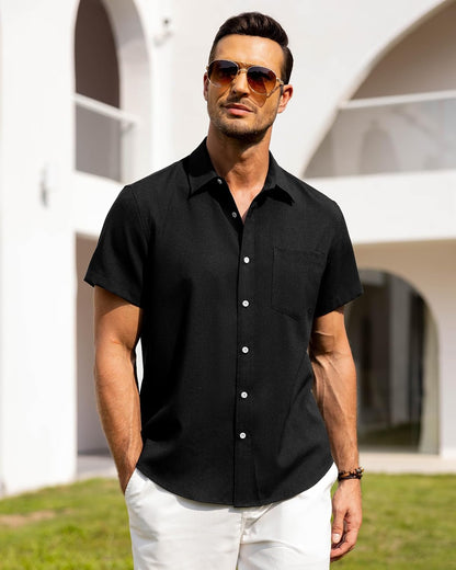 HOTAlimens & Gentle Mens Linen Shirts Short Sleeve Button Down Shirts Wrinkle Free Casual Vacation Beach Summer Tops