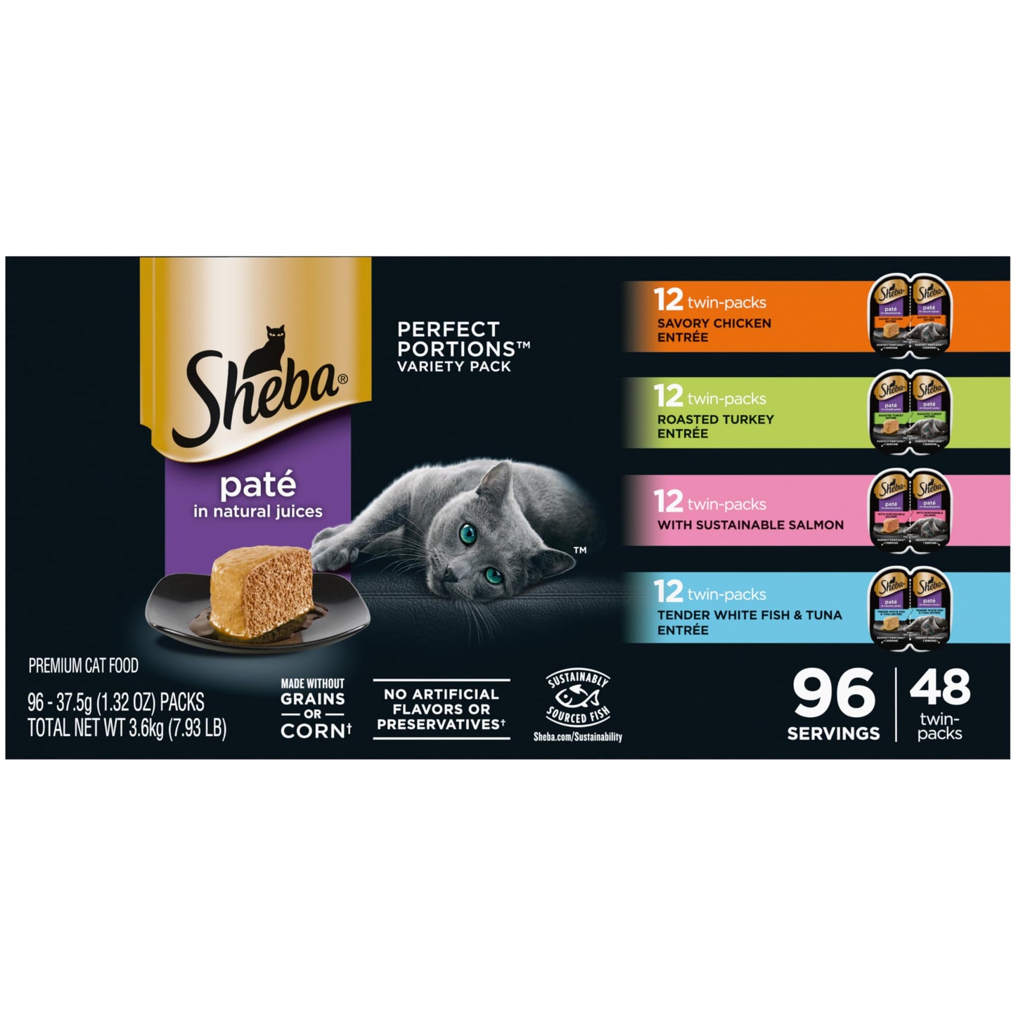 HOTSheba Perfect Portions Pate Wet Cat Food, Multipack, 2.6 oz, 24 ct | Grain-free, Chicken, Turkey & Beef, 48 servings, no artificial flavors/preservatives, complete & balanced, twin-pack trays