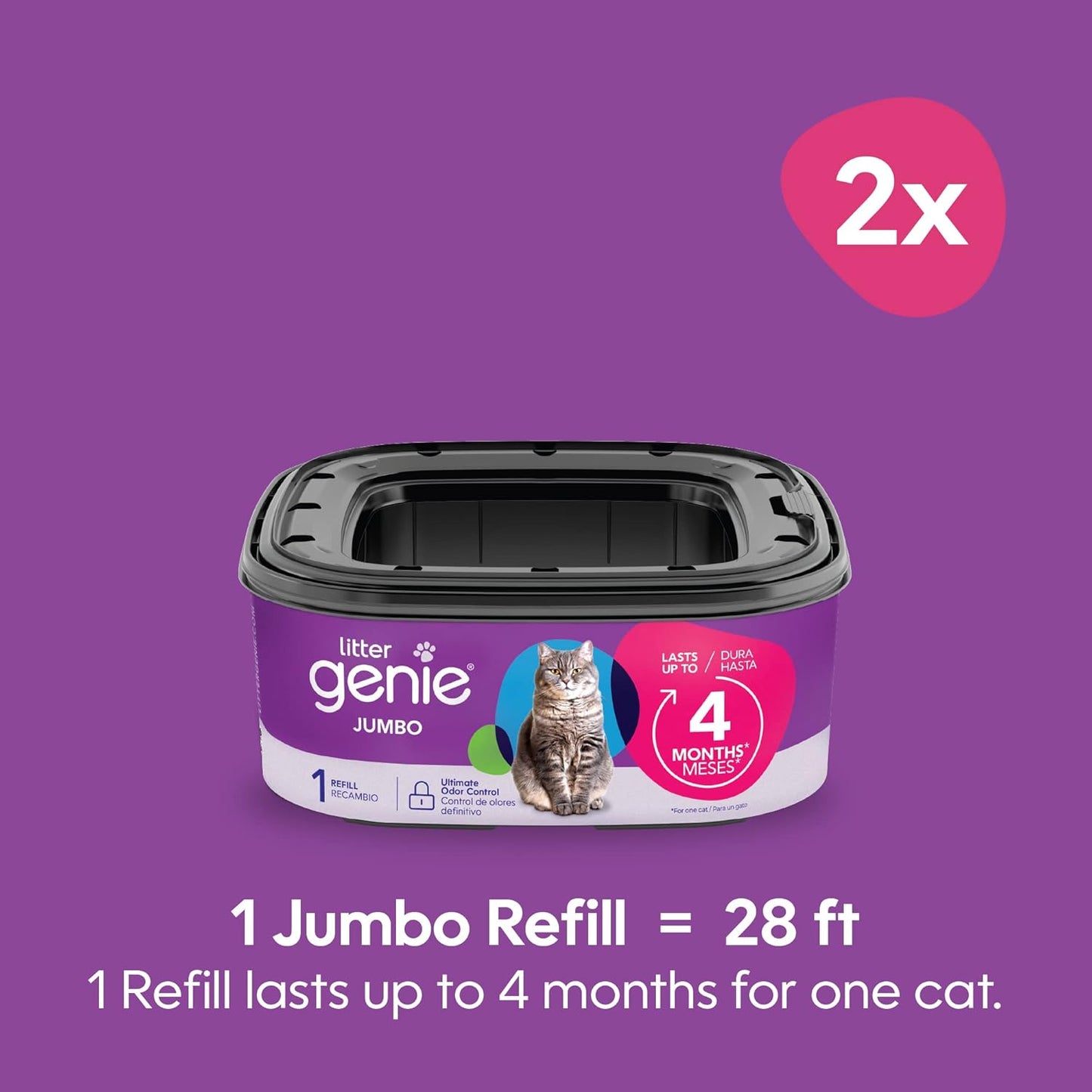 HOTLitter Genie Refill Bags | Jumbo 2-Pack, 56 Total ft | Up to 8 Months of Supply in 2 cartridges | Ultimate Odor Control Cat Litter Bags
