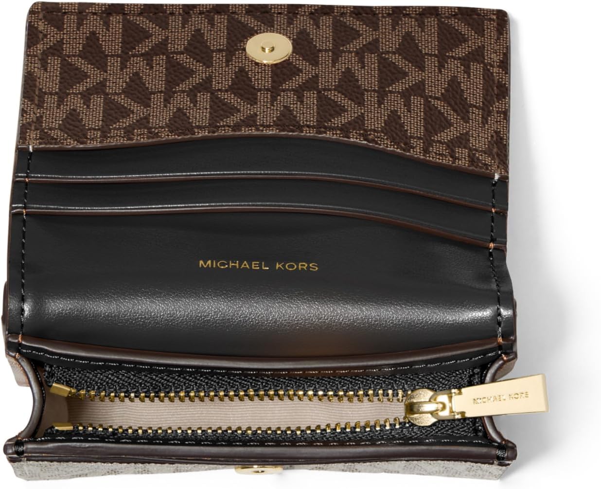 HOTMichael Kors Hamilton Small Compact Wallet, Gold-Tone Hardware/MK Signature Coated Twill/Brown/Black