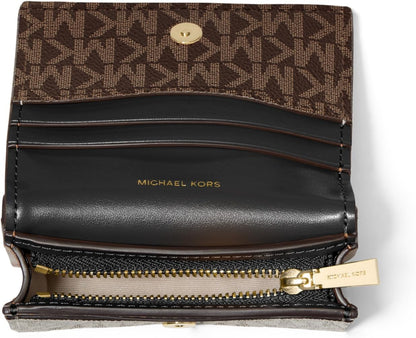 HOTMichael Kors Hamilton Small Compact Wallet, Gold-Tone Hardware/MK Signature Coated Twill/Brown/Black