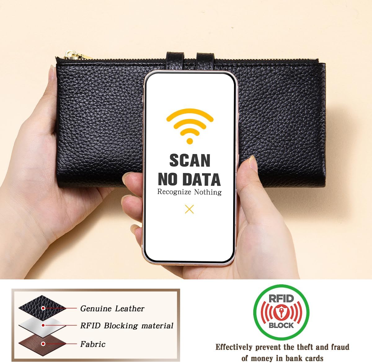 HOTLarge Capacity Wallets for Women Soft Leather RFID Blocking Long Wallet Ladies Bifold Clutch Purse Credit Card Holder with Double Zipper Pocket ID Window,Black