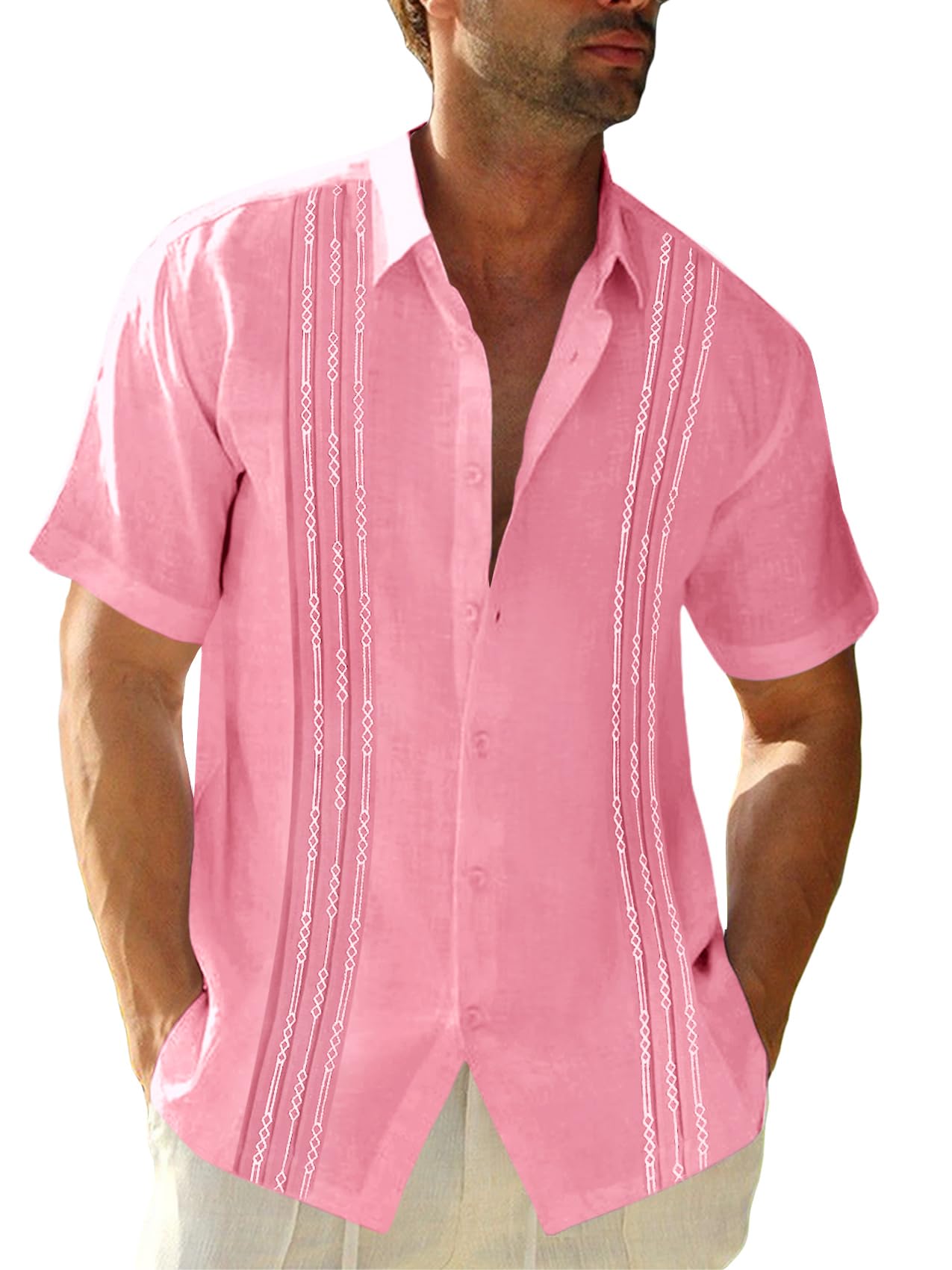 HOTRuncati Mens Short Sleeve Guayabera Shirts Linen Button Down Cuban Shirt | Cotton blend, Mexican style, Button up, Embroidered, Loose fit, Barong tagalog, Bowling shirts, for Summer Beach, Wedding