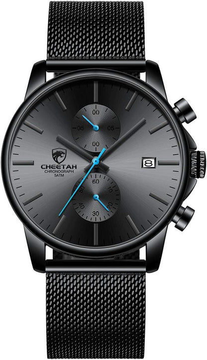 HOTGOLDEN HOUR Mens Watch Fashion Sleek Minimalist Quartz Analog Mesh Stainless Steel Waterproof Chronograph Watches for Men with Auto Date