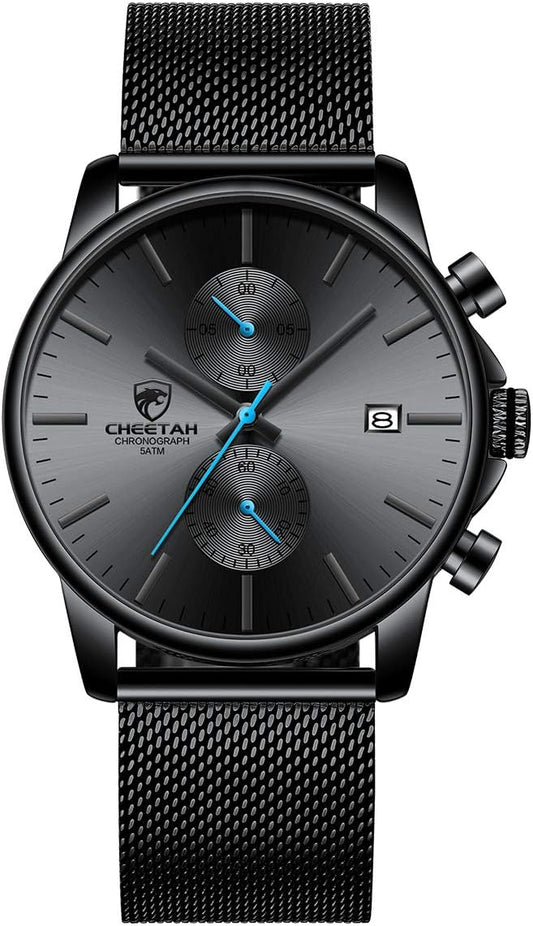 HOTGOLDEN HOUR Mens Watch Fashion Sleek Minimalist Quartz Analog Mesh Stainless Steel Waterproof Chronograph Watches for Men with Auto Date