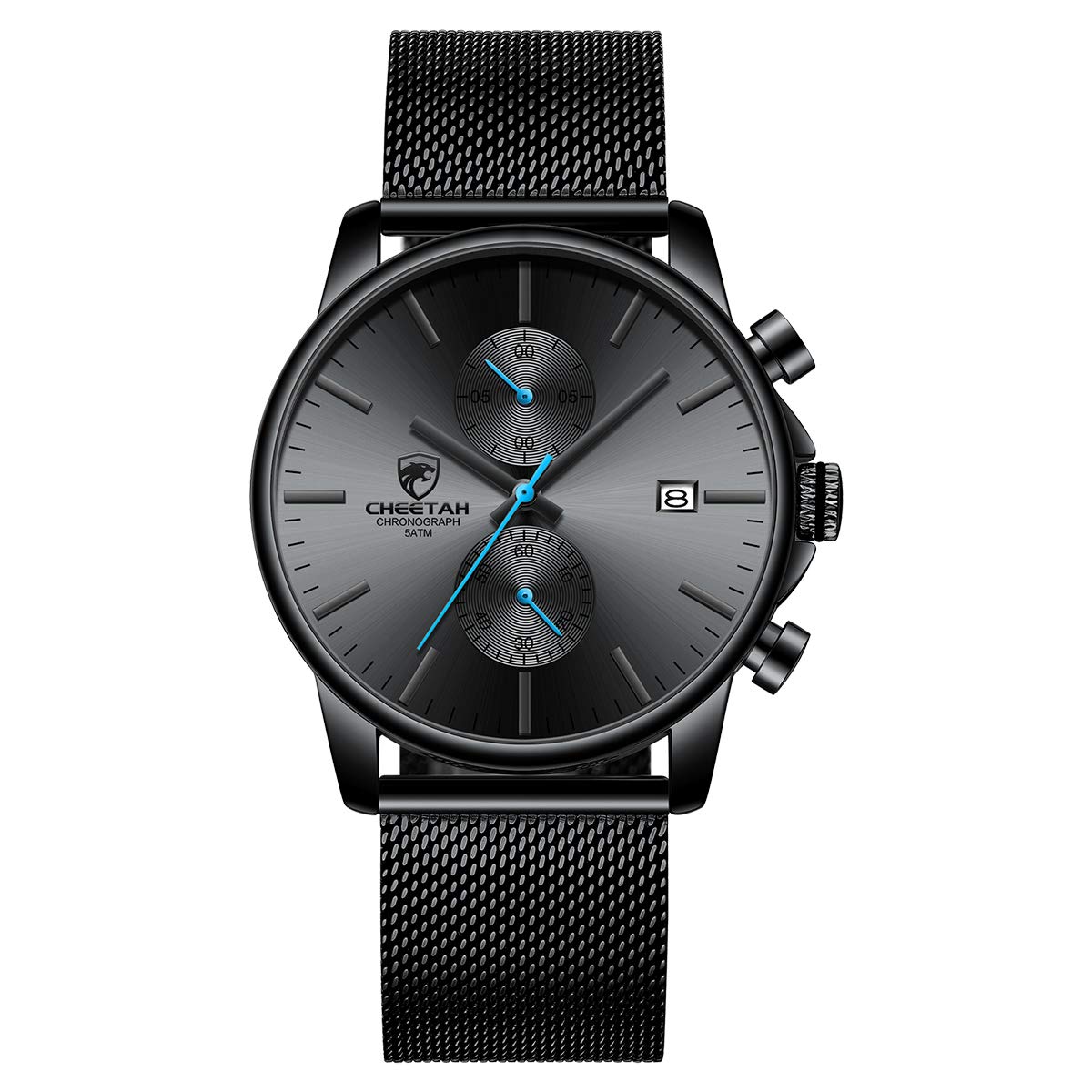 HOTGOLDEN HOUR Mens Watch Fashion Sleek Minimalist Quartz Analog Mesh Stainless Steel Waterproof Chronograph Watches for Men with Auto Date