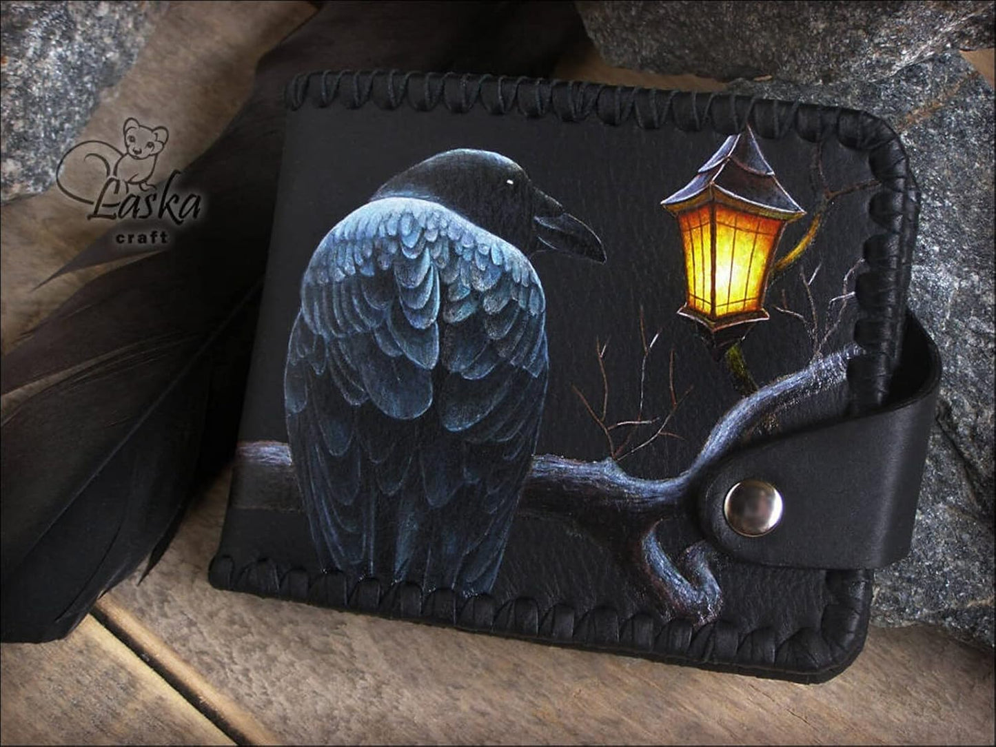 HOTMystery Night Raven, Men's 3D Genuine Leather Wallet, Handmade wallet, Carved wallet, Tooled wallet, Airbrush Art, Biker wallet, Custom wallet, Personalized wallet