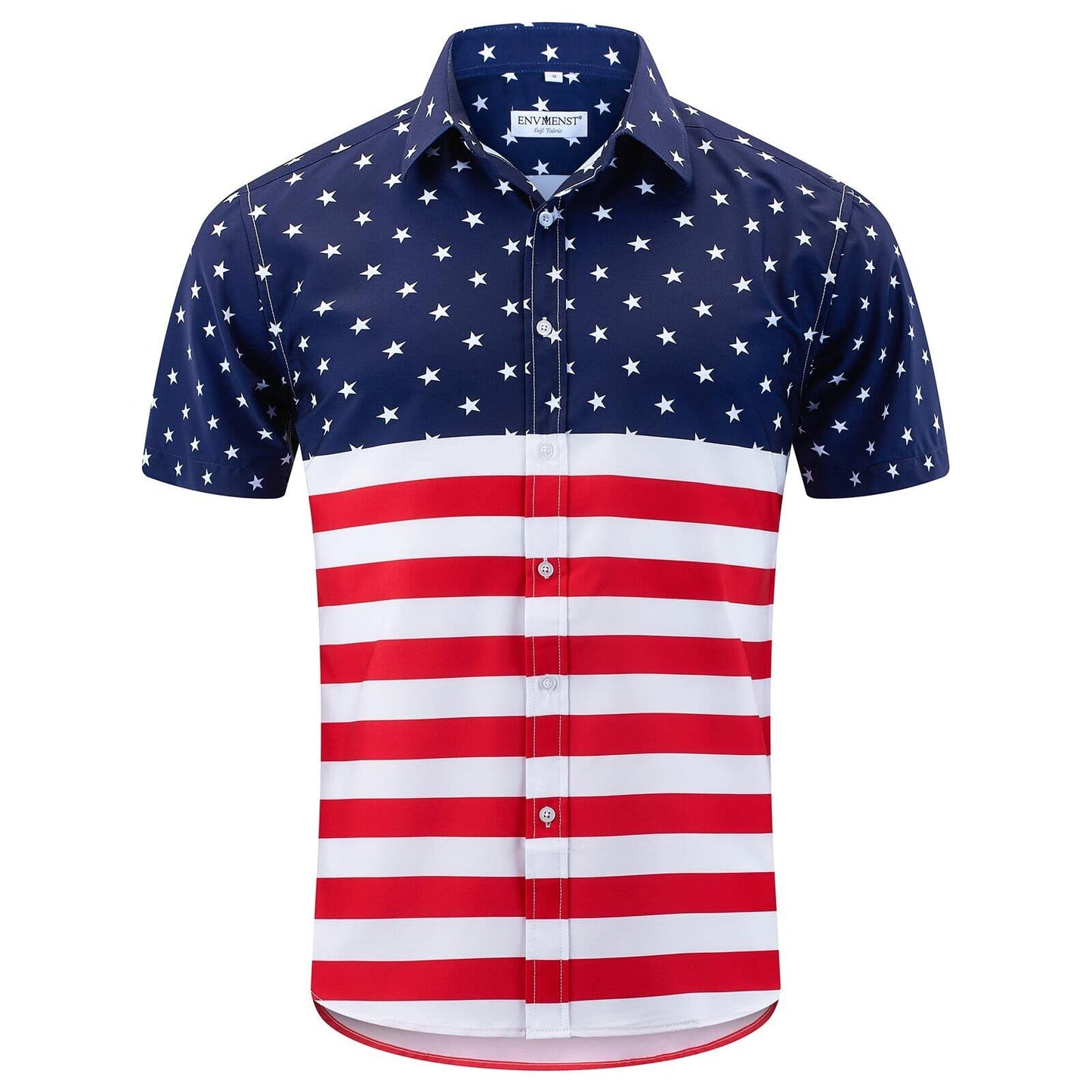 HOTENVMENST Men's American Flag Button Down Shirts Casual Short Sleeve Patriotic Hawaiian Shirt