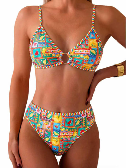 HOTTainehs Women's Two Piece Bikini Sets O Ring Front Top Ditsy Floral Triangle Swimsuits Cheeky Bathing Suit