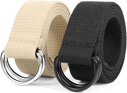 HOTJASGOOD Men Canvas Belt Web Fabric Casual Belt with Black Double D-ring 1 1/2" Wide Set of 2