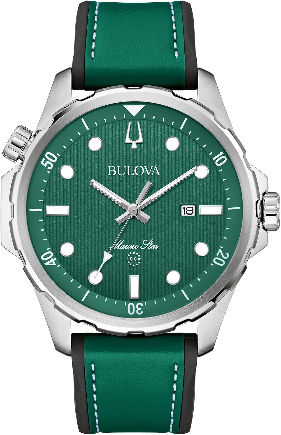 HOTBulova Men's Marine Star Quartz Silver Stainless Steel Watch, Leather and Silicone Strap, 100M Water Resistant, 43mm