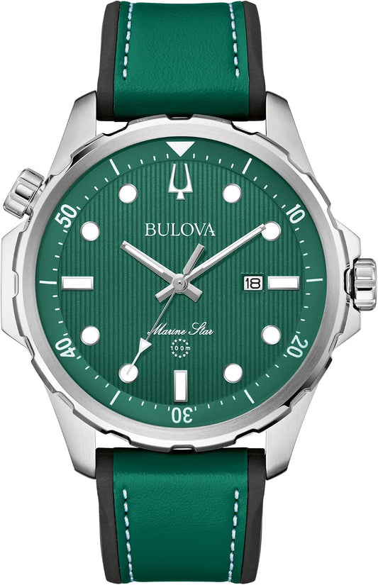 HOTBulova Men's Marine Star Quartz Silver Stainless Steel Watch, Leather and Silicone Strap, 100M Water Resistant, 43mm