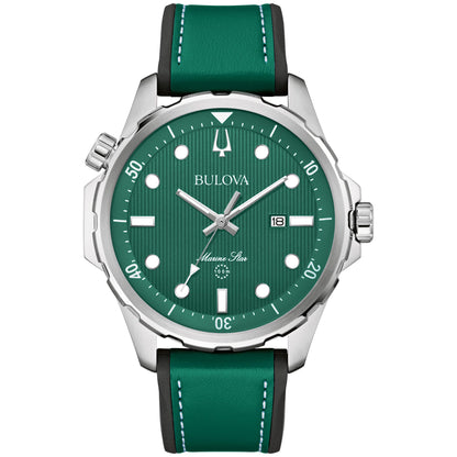 HOTBulova Men's Marine Star Quartz Silver Stainless Steel Watch, Leather and Silicone Strap, 100M Water Resistant, 43mm