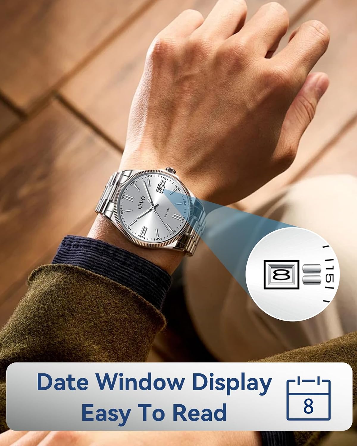 HOTCIVO Analog Mens Watches Silver: Wrist Watches with Date Easy to Read | Dress Stainless Steel Watch for Men, Gifts for Husband Father at Birthday Anniversary
