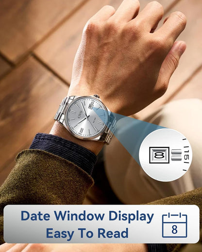 HOTCIVO Analog Mens Watches Silver: Wrist Watches with Date Easy to Read | Dress Stainless Steel Watch for Men, Gifts for Husband Father at Birthday Anniversary