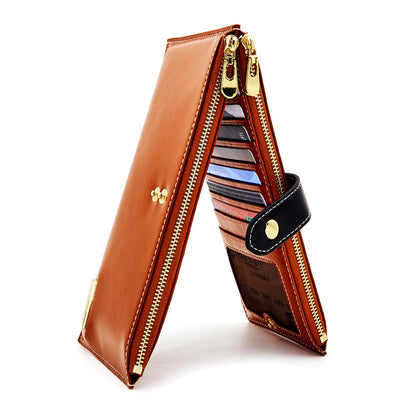 HOTANDOILT Women's Genuine Leather Wallet RFID Blocking Credit Card Holder Zipper Purse Cell Phone Handbag